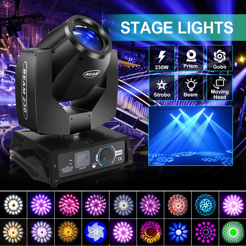 Lyre beam 7R 230 W DMX, 16 gobos, prisme rotatif et mode sonore