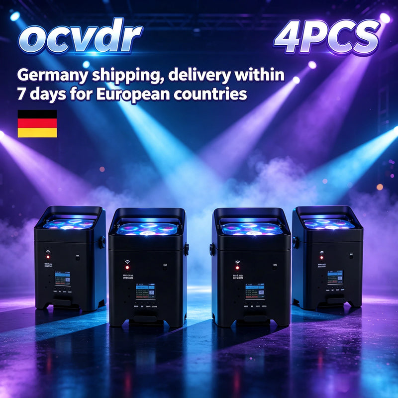 Lot de 4 uplights PAR LED sur batterie – quatre projecteurs noirs sur une scène enfumée