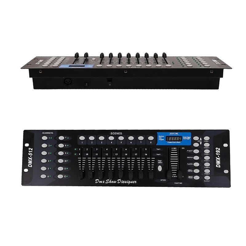 Contrôleur DMX 192 canaux – vue de l'arrière et vue de face de la console