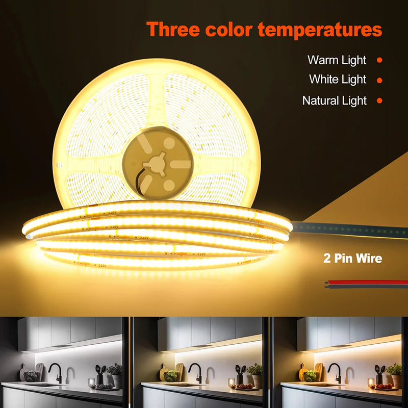 Ruban LED COB 220 V – trois blancs (chaud, neutre et froid) et fil à deux conducteurs