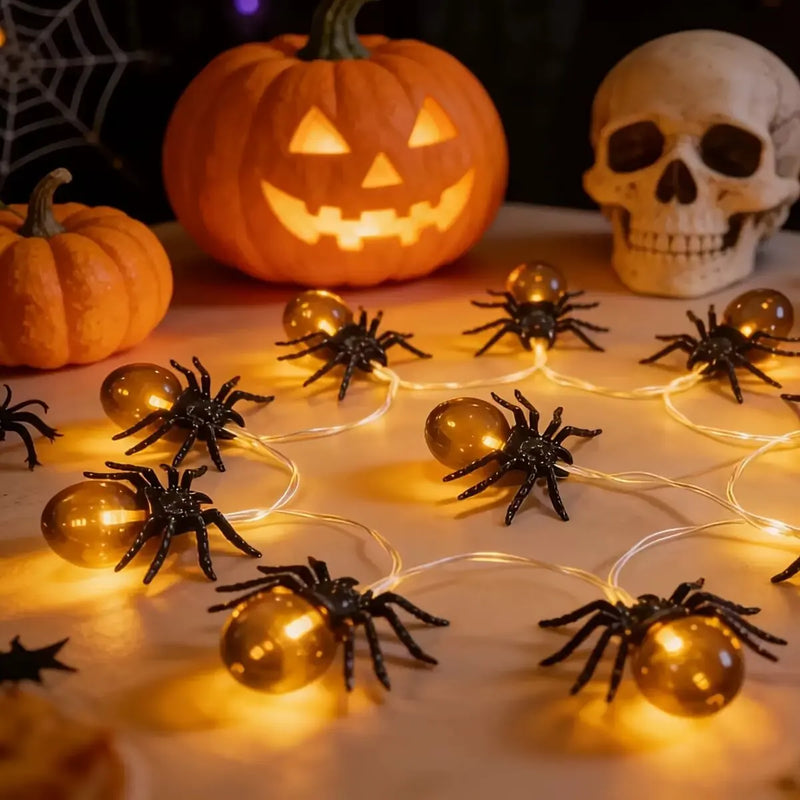 Guirlande araignées Halloween à piles, violet ou blanc chaud, 1,5 m