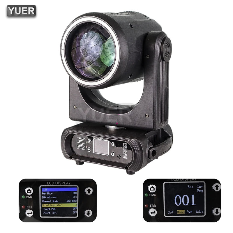 Lyre beam LED 250 W à anneau, focus et frost, 14 gobos, prismes 6 + 12, DMX 14 canaux