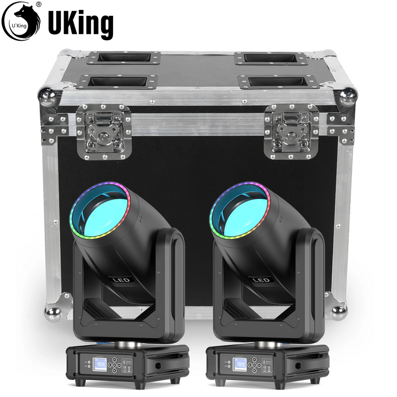 Lyres LED beam 200 W – vue d'ensemble de deux lyres devant le flight case