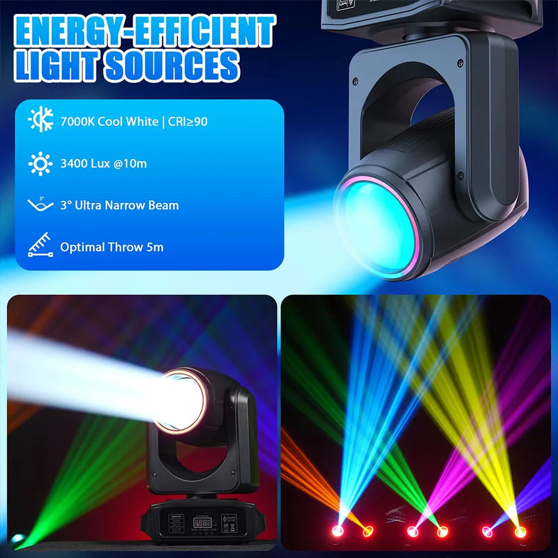 Pack de 2 lyres beam LED 200 W – source LED blanche et faisceaux en situation