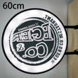 Enseigne drapeau lumineuse ronde 60 cm double face, cadre noir, logo imprimé