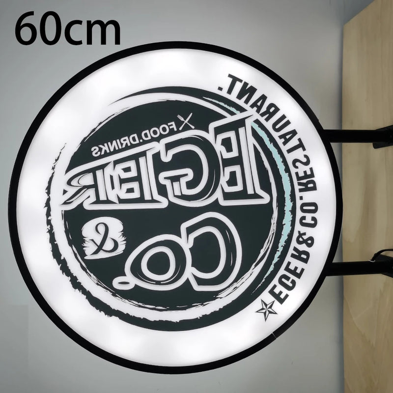 Enseigne drapeau lumineuse ronde 60 cm double face, cadre noir, logo imprimé