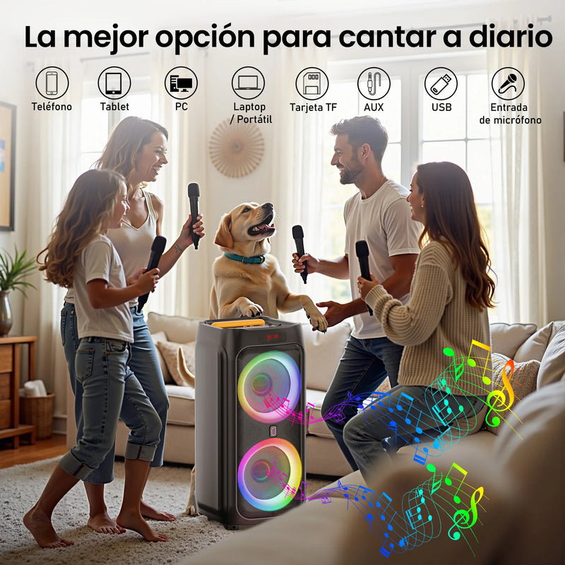 Machine karaoké Bluetooth – famille qui chante au karaoké dans un salon