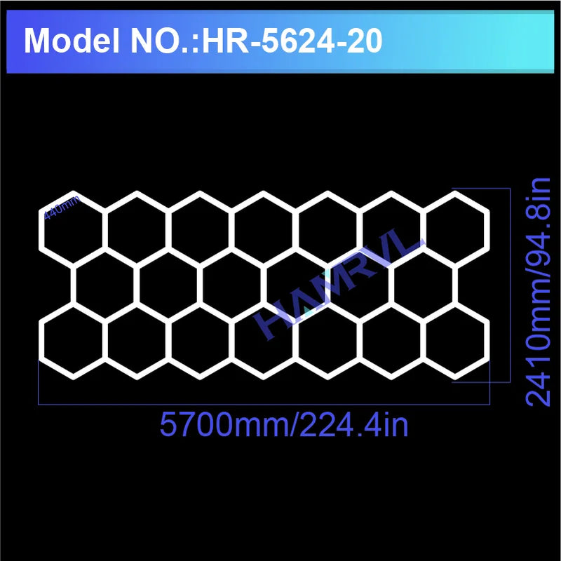 Plafonnier hexagonal LED – modèle de 20 hexagones, 570 x 241 cm