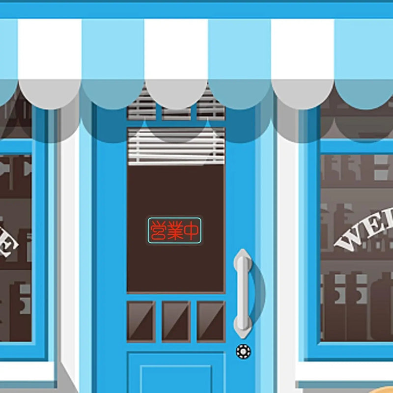 Enseigne néon japonaise 営業中 – illustration dans une vitrine bleue