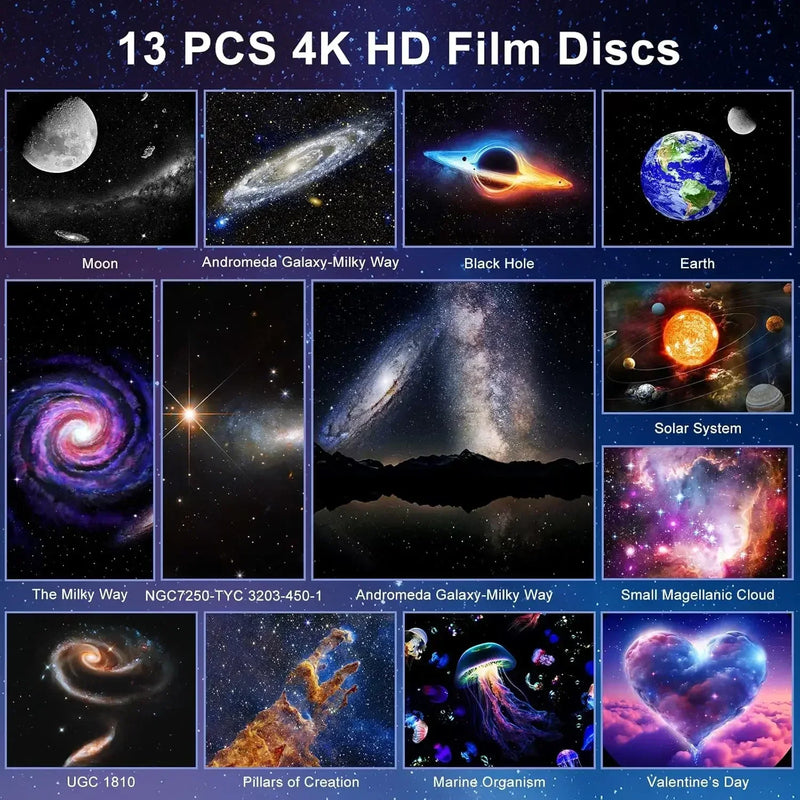 Projecteur ciel étoilé 4K à tiroir – treize disques de film 4K : lune, galaxie, planètes et nébuleuses