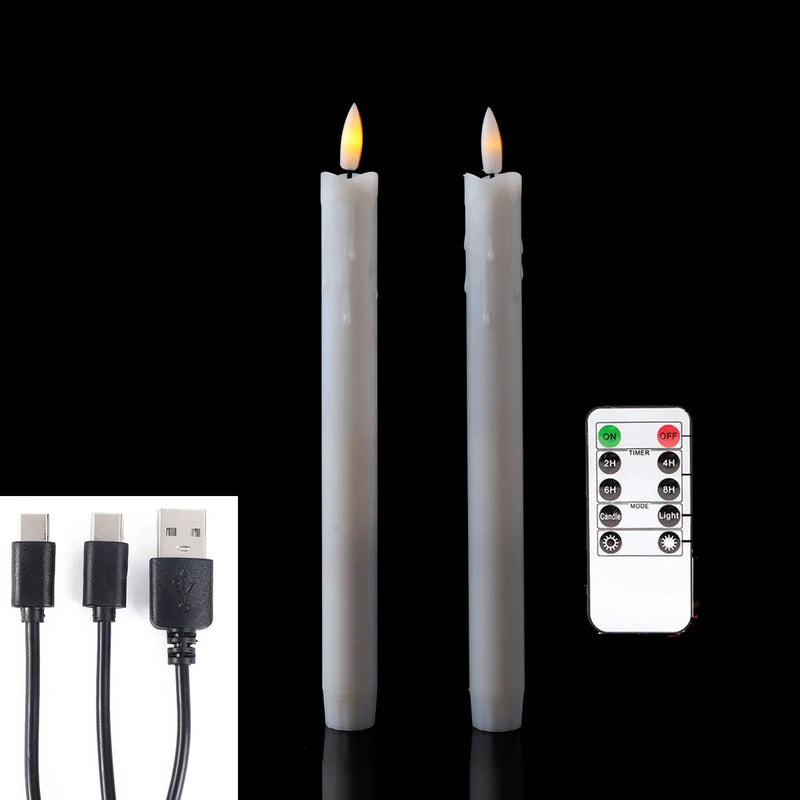 Bougies LED coniques rechargeables – deux bougies blanches allumées avec télécommande