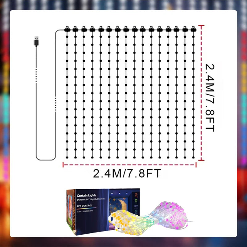 Rideau lumineux de Noël pour façade – schéma des dimensions 2,4 x 2,4 m