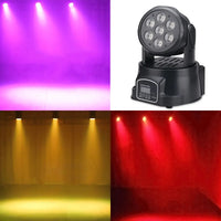 Lot de 2 mini lyres LED wash 7 x 12 W RGBW – faisceaux violets, jaunes et rouges projetés