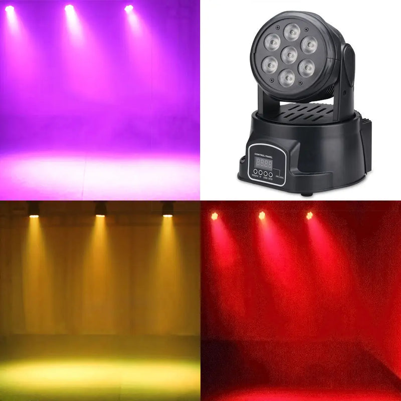 Lot de 2 mini lyres LED wash 7 x 12 W RGBW – faisceaux violets, jaunes et rouges projetés