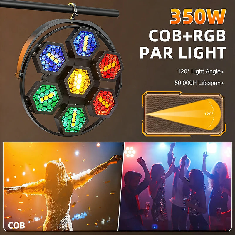 Projecteur vintage 350 W à 7 cellules hexagonales – 350 W COB et RGB, angle de lumière de 120° et durée de vie de 50 000 heures