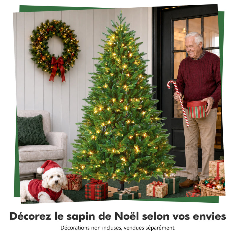 Sapin lumineux artificiel 180 à 235 cm, LED blanc chaud, pied en bois