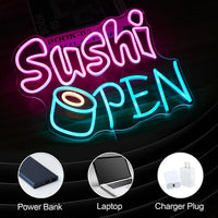 Enseigne néon Sushi OPEN – modèle incliné avec alimentation USB depuis ordinateur, batterie externe ou chargeur