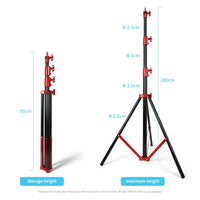 Trépied lumière 3 m – trépied noir à raccords rouges, replié à 95 cm et déployé à 280 cm