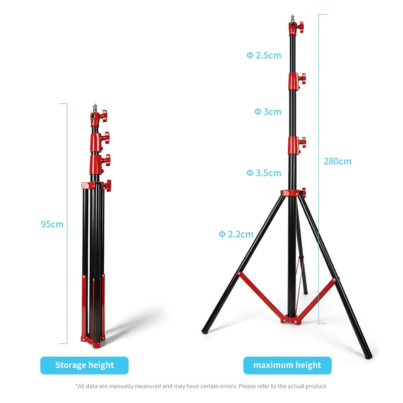 Trépied lumière 3 m – trépied noir à raccords rouges, replié à 95 cm et déployé à 280 cm