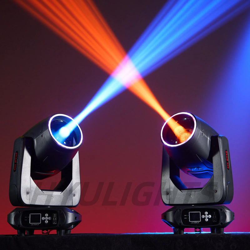 Lyre beam 14R 290 W à lampe – faisceaux orange et bleus croisés sur scène