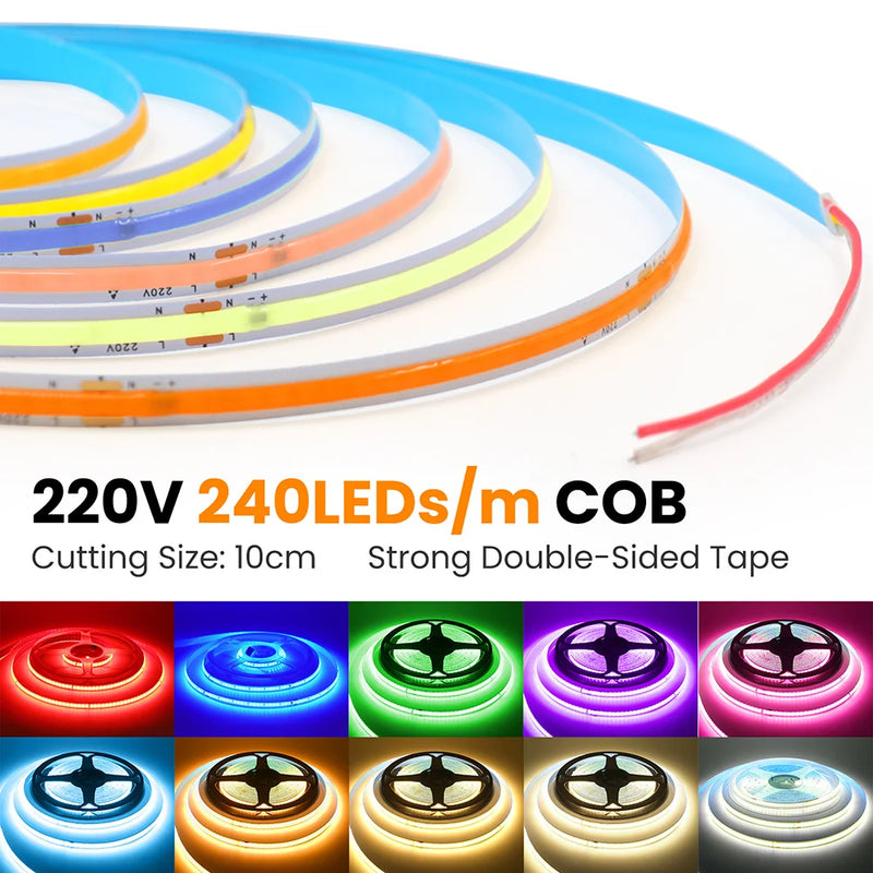 Ruban LED COB 220 V – rouleaux allumés dans dix couleurs de lumière