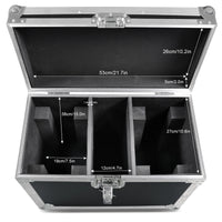 Flight case pour 2 lyres LED – intérieur ouvert avec les cotes des logements et du couvercle