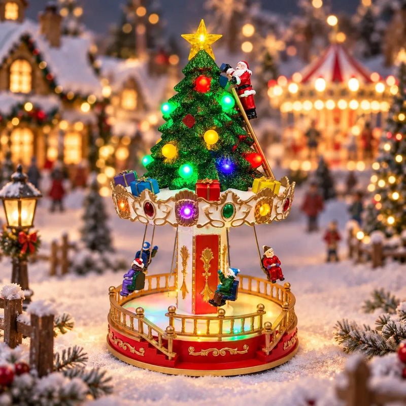 Carrousel de Noël musical et lumineux avec sapin et Père Noël, 34 cm, à piles