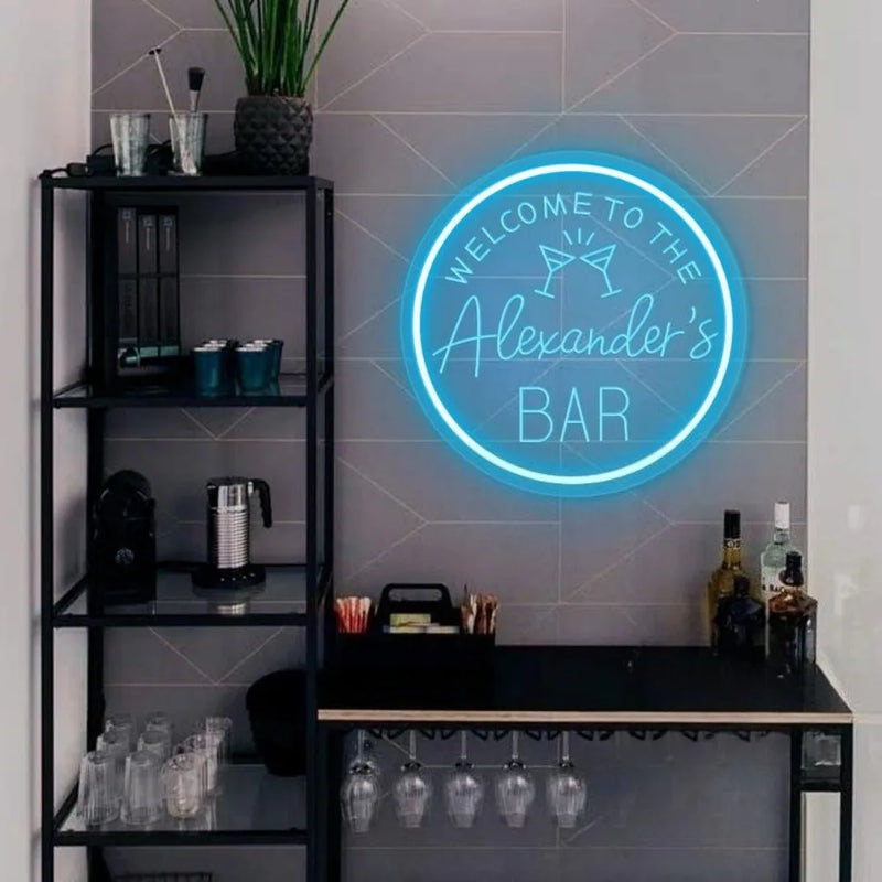 Enseigne néon bar personnalisée à votre nom, rond 29 cm, USB