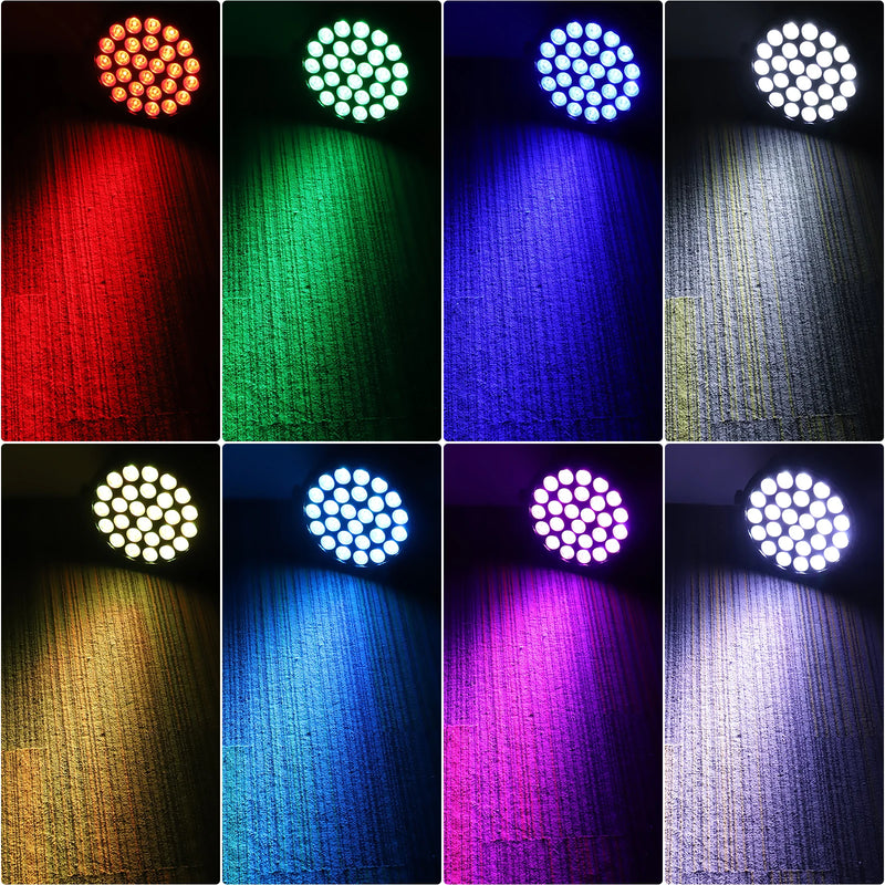 Lot de 4 projecteurs PAR LED 27 x 8 W RGBW – huit couleurs projetées sur un mur, rouge, vert, bleu, blanc, jaune, cyan, rose et violet