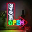 Enseigne néon LED Bar Open en flèche multicolore, USB à variateur, 40 x 32 cm