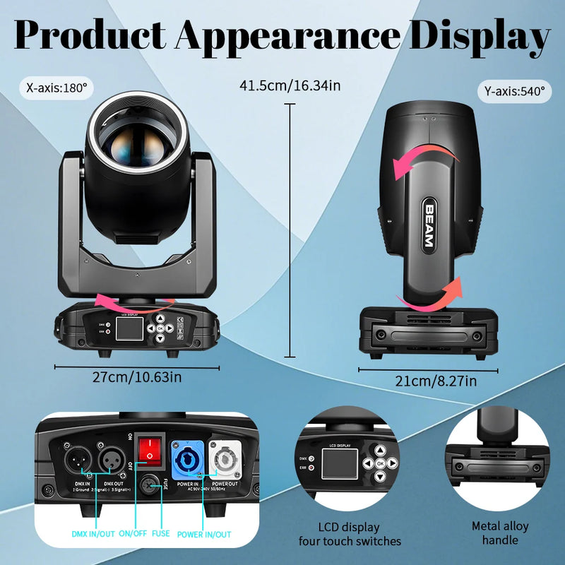Lyre beam 7R 230 W à halo LED RGB, zoom de 0 à 4°, 14 gobos, DMX 18 canaux