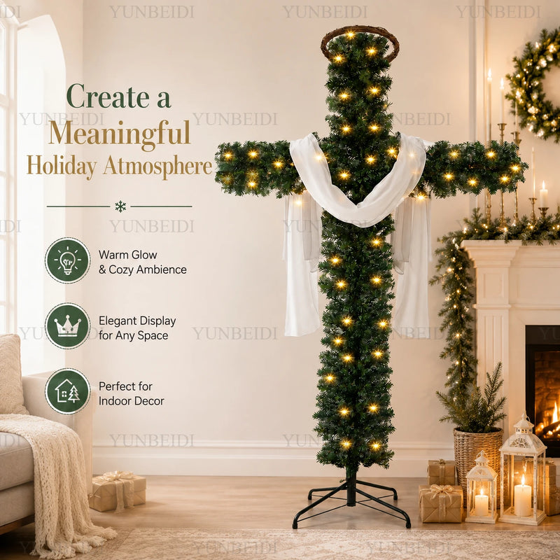 Sapin lumineux en croix – allumé dans un salon décoré pour Noël
