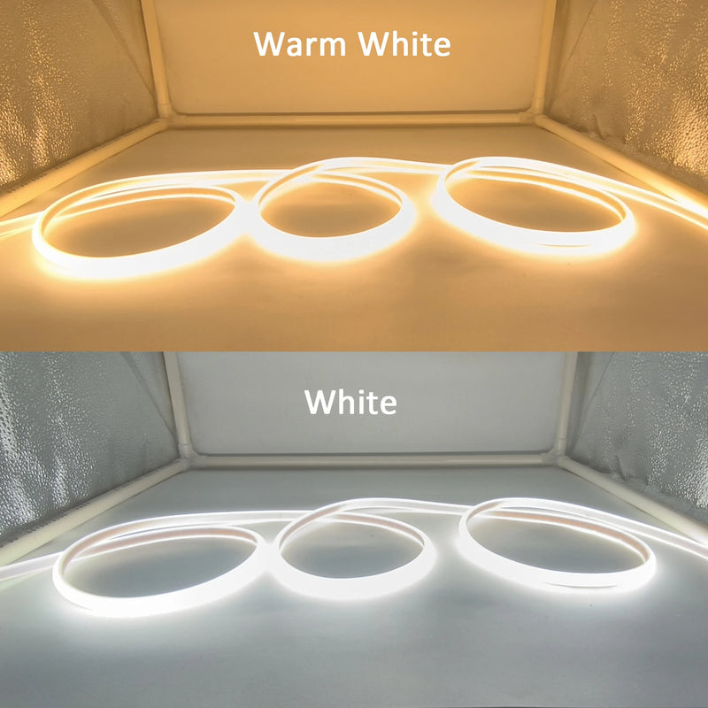 Bande LED COB 220 V – blanc chaud et blanc froid déroulés en boucles