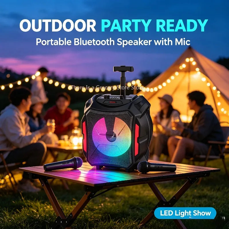 Enceinte karaoké lumineuse – soirée en plein air avec micros sur la table