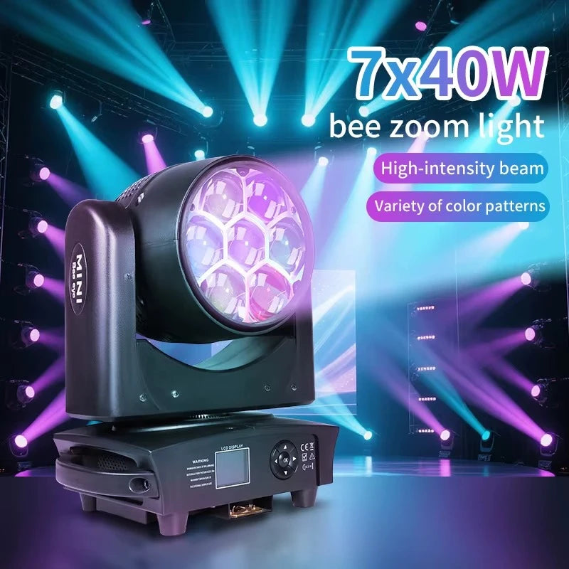 Lot de 4 lyres LED œil d'abeille 7 x 40 W RGBW, zoom et DMX
