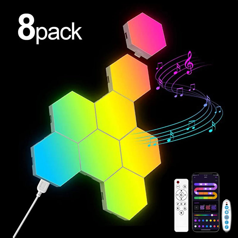 Appliques hexagonales LED RGB – kit de 8 panneaux assemblés avec télécommande et application