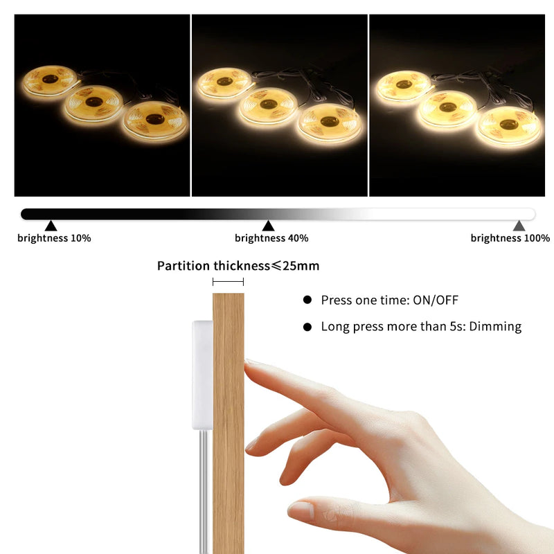 Ruban LED COB 24 V tactile – intensité à 10, 40 et 100 % et capteur à travers une cloison