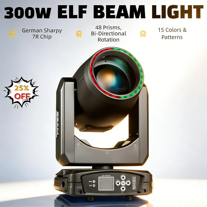 Lyre beam 7R 230 W à halo LED RGB, zoom de 0 à 4°, 14 gobos, DMX 18 canaux