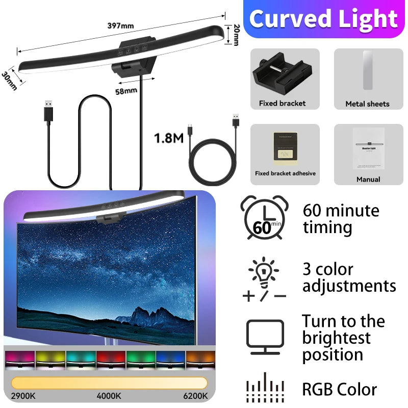 Barre lumineuse écran PC – barre incurvée de 40 cm avec RGB et câble USB d'environ 1,8 m