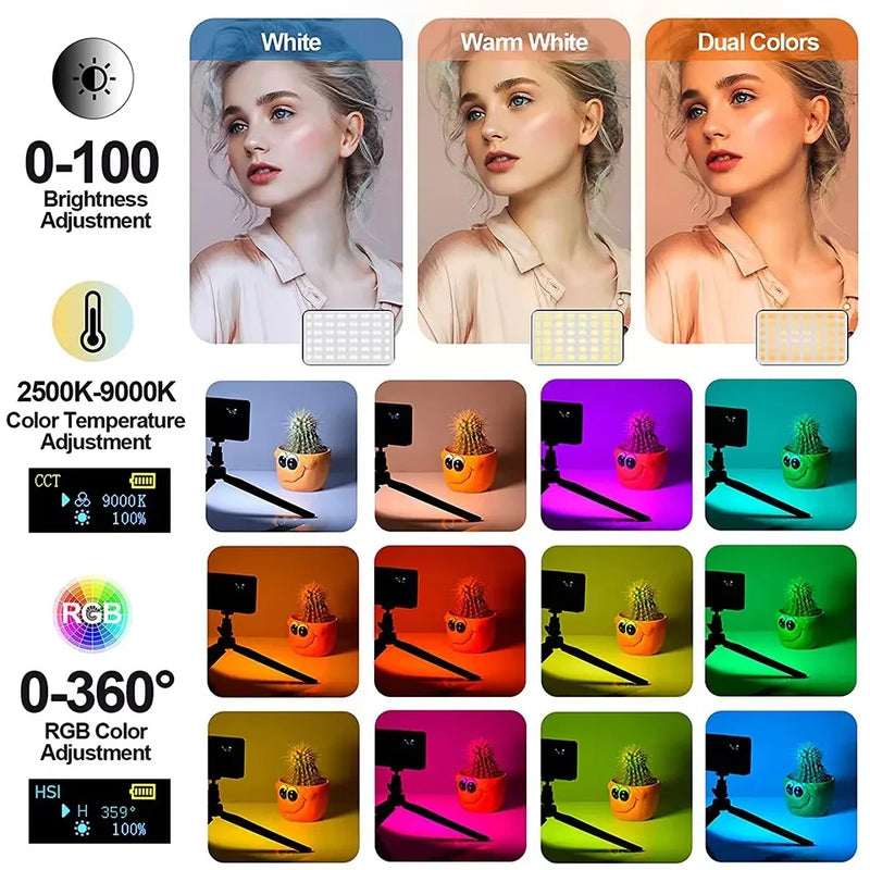 Panneau LED vidéo RGB de poche – luminosité de 0 à 100 %, blanc de 2 500 à 9 000 K et couleurs sur 0 à 360°