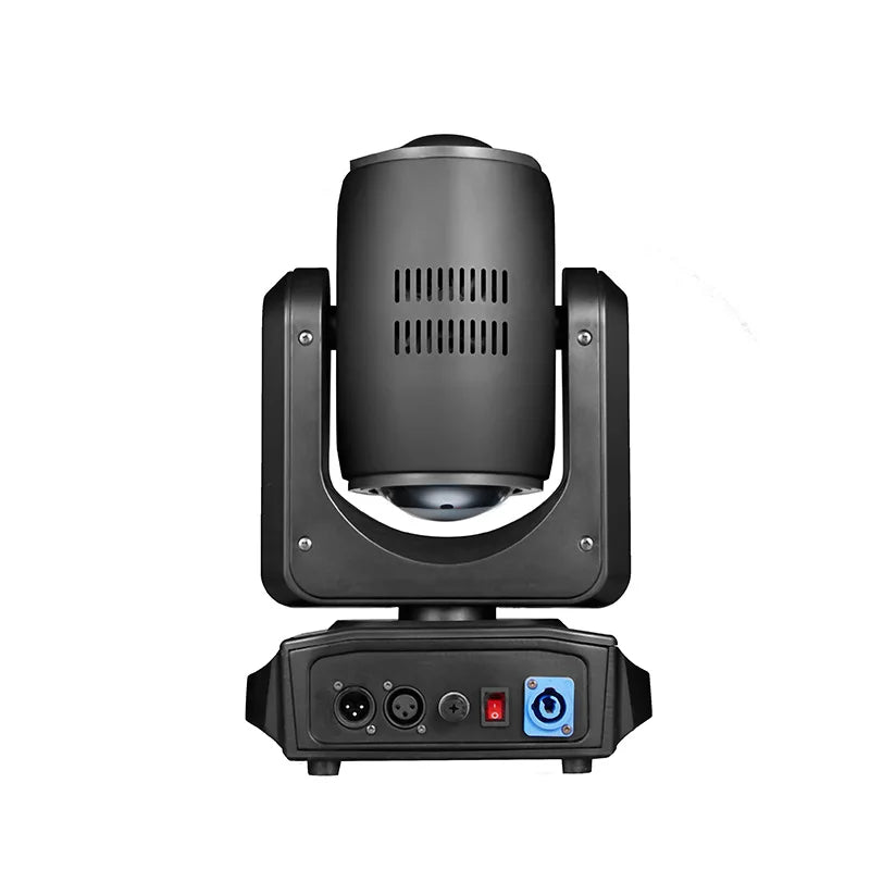 Mini lyre LED beam 180 W – vue de dos, ouïes d'aération, connecteurs DMX, alimentation et interrupteur