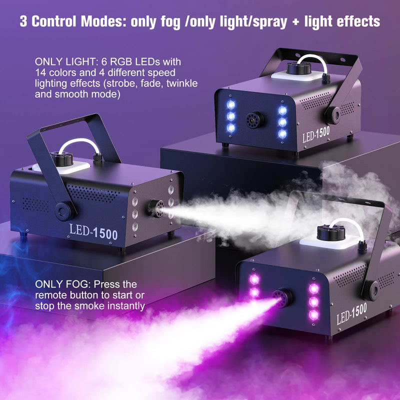 Machine à fumée 1500 W à 6 LED RGB avec télécommande sans fil, réservoir 1 L