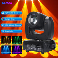 Mini lyre LED beam 100 W – vue de face et exemples de projections de gobos colorés