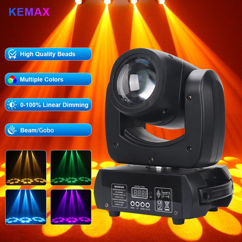 Mini lyre LED beam 100 W – vue de face et exemples de projections de gobos colorés