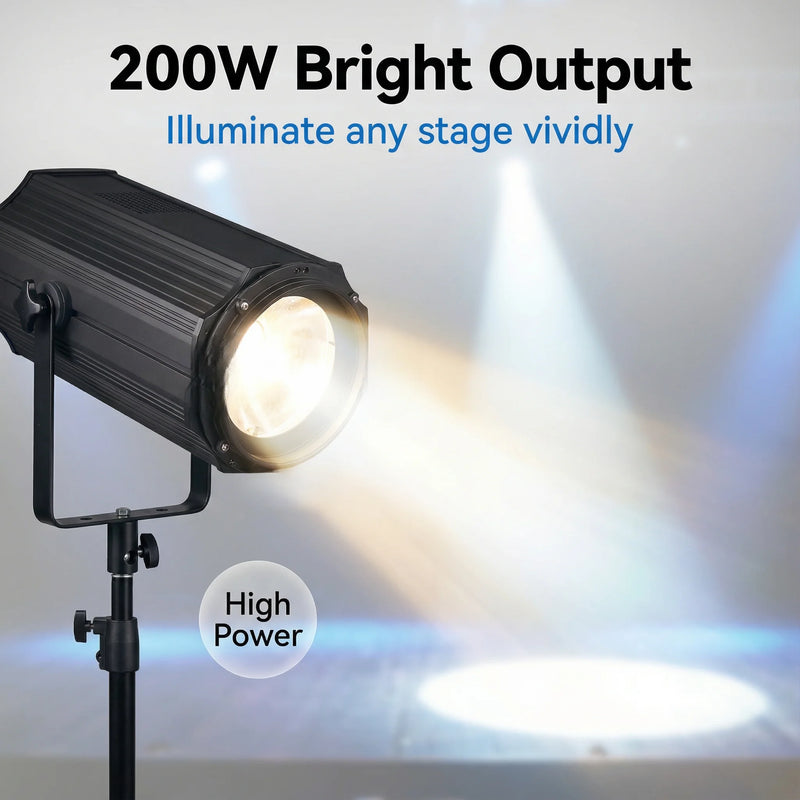 Projecteur LED COB à zoom – faisceau projeté sur une scène, vue de côté