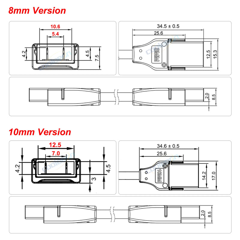 Connecteur bande LED COB IP67 – schéma des dimensions pour circuit de 8 mm et de 10 mm