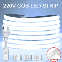 Ruban LED COB 220 V – blanc froid avec prise, interrupteur et clips de fixation