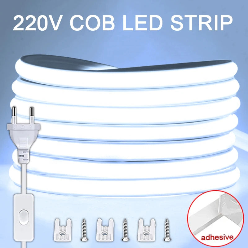Ruban LED COB 220 V – blanc froid avec prise, interrupteur et clips de fixation