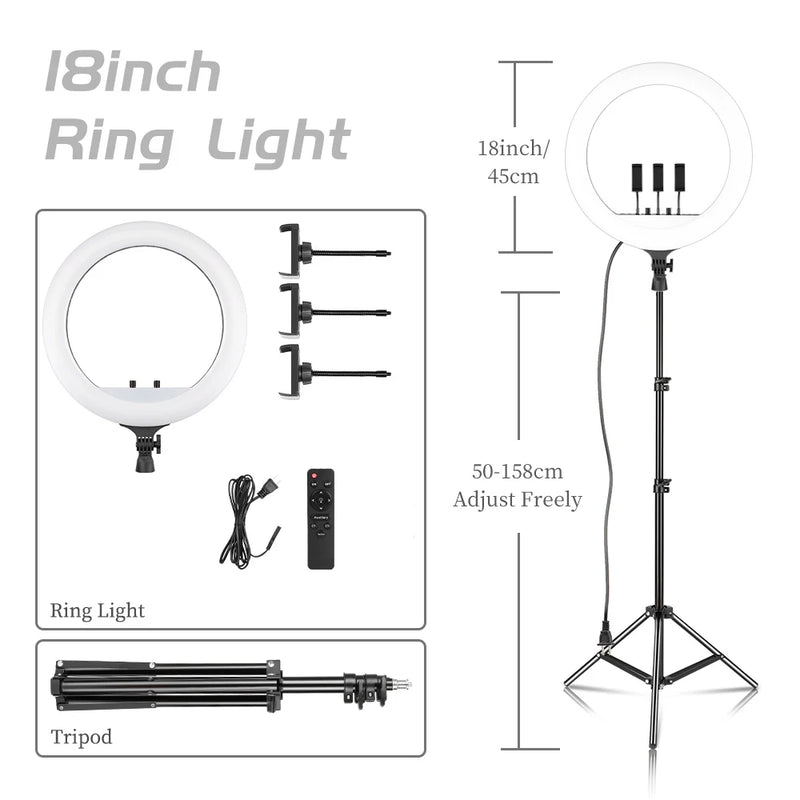 Ring light LED 45-48 cm, trépied au choix, 3 supports téléphone