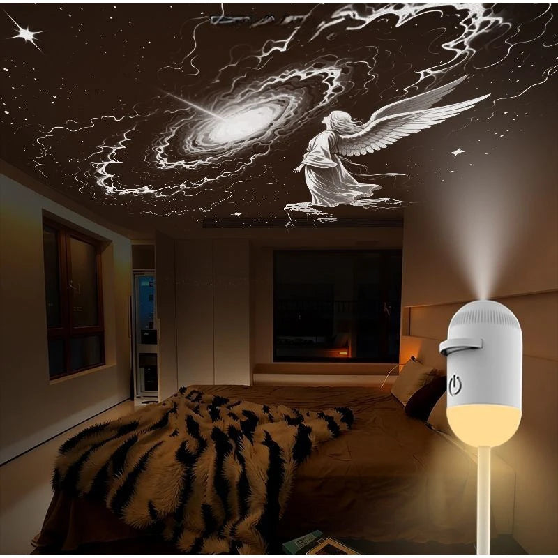 Projecteur ciel étoilé adulte et enfant – galaxie et ange projetés au plafond d'une chambre, veilleuse allumée